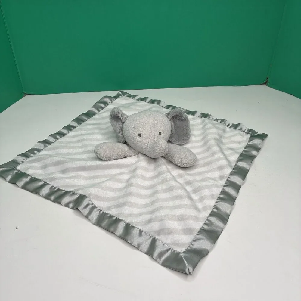 Cloud Island Baby Elephant Lovey Security Blanket Grey White Stripes Satin Back